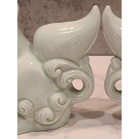 Foo Dogs 6" Green Wash Porcelain Shishi Figurines Vintage Set of 2 Komainu EUC - Picture 12 of 15